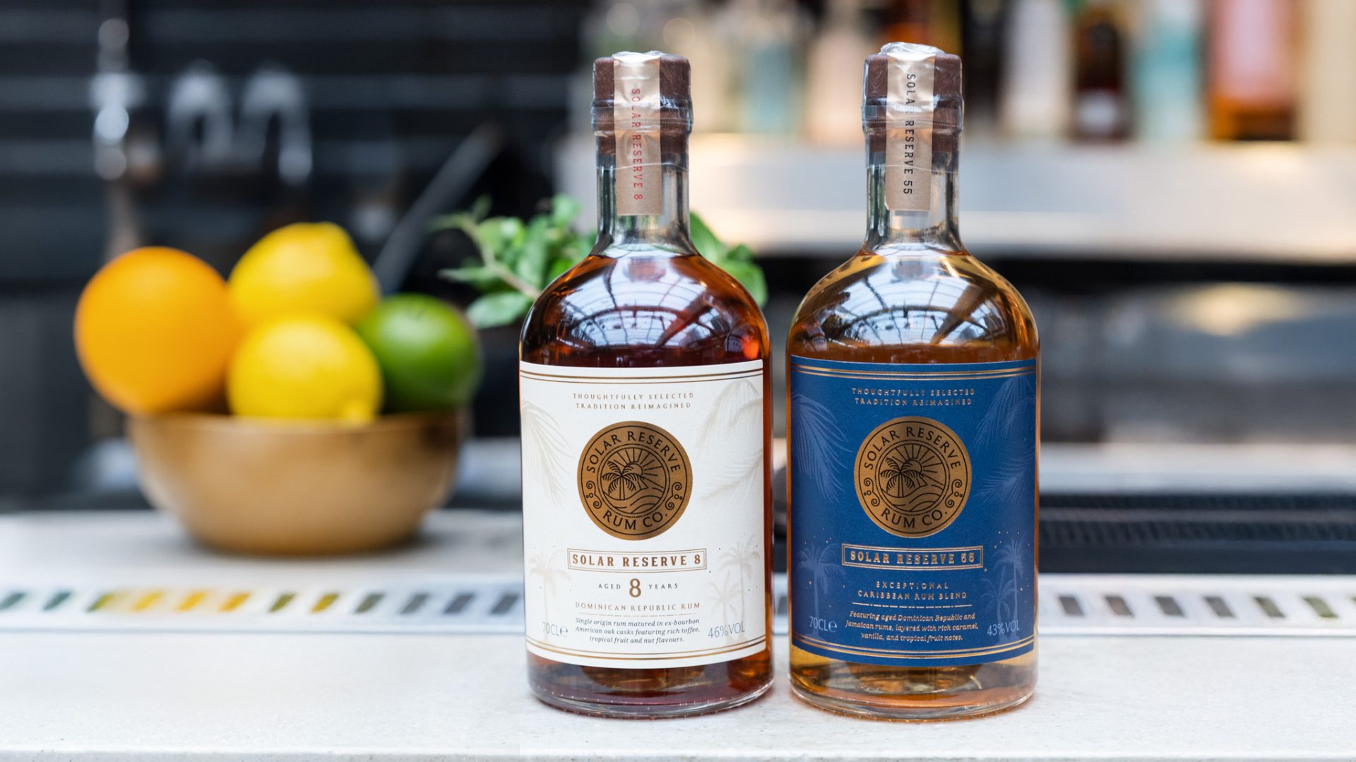 Solar Reserve Rum label design and branding on premium Caribbean rum bottles