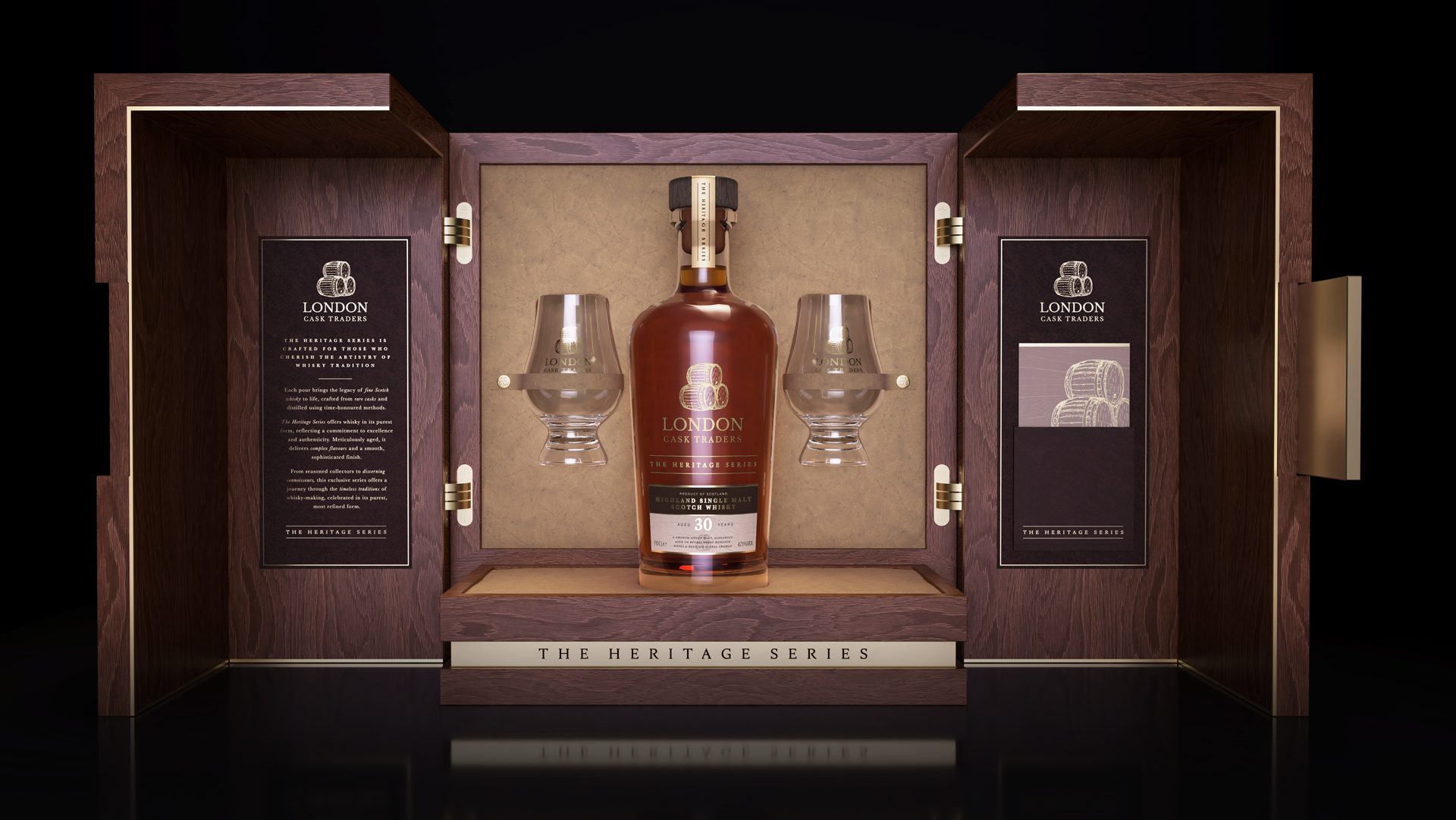 Photorealistic 3D bottle and packaging visualisation for a premium drinks brand presentation box