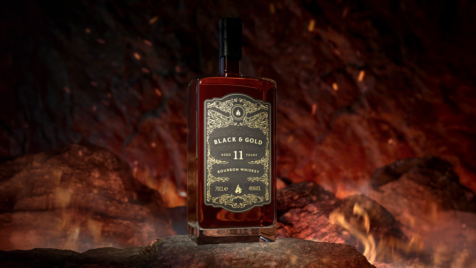 Photorealistic 3D bottle visualisation of a premium whiskey concept